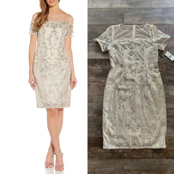 embroidered womens dresses Adrianna Papell AP1D102069 - Short Lace Sheath Dress